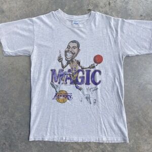 Salem Sportswear Magic Johnson Lakers T-Shirt Mens Large Grey Vintage Caricature